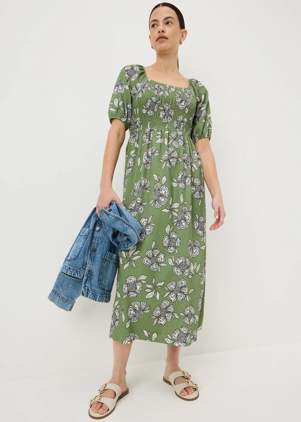 Green Floral Shirred Midi Dress - 14 | Matalan Green Floral Shirred Midi Dress - 14 | Matalan