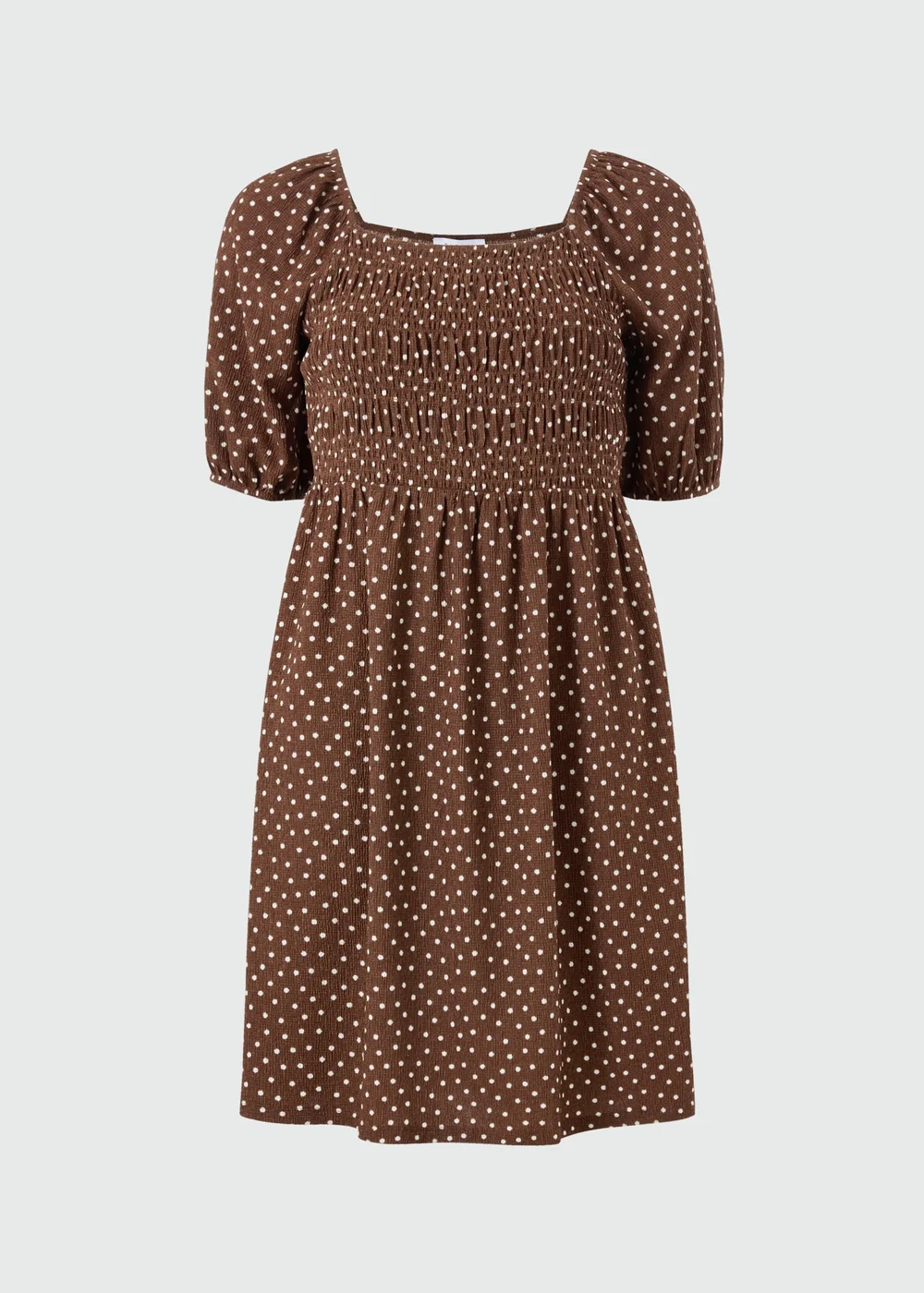Chocolate Brown Polka Dot Shirred Mini Dress - 8 Chocolate Brown Polka Dot Shirred Mini Dress - 8
