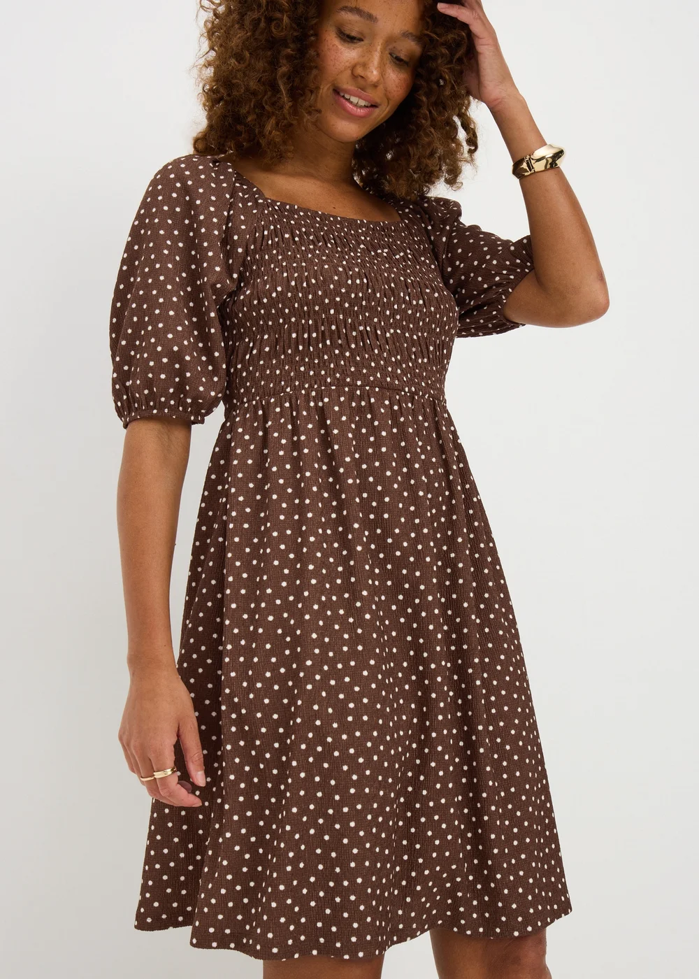 Chocolate Brown Polka Dot Shirred Mini Dress - 8 Chocolate Brown Polka Dot Shirred Mini Dress - 8