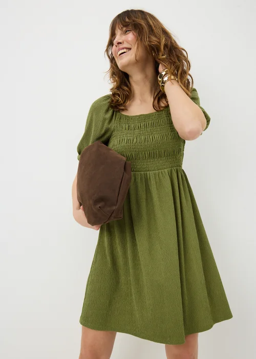 Olive Shirred Mini Dress - 8 Image 1