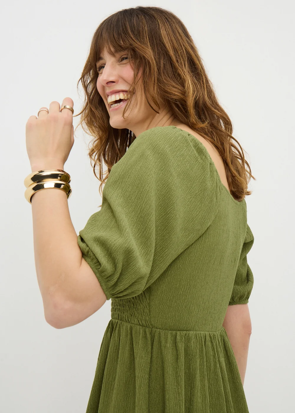 Olive Shirred Mini Dress - 8 Image 3