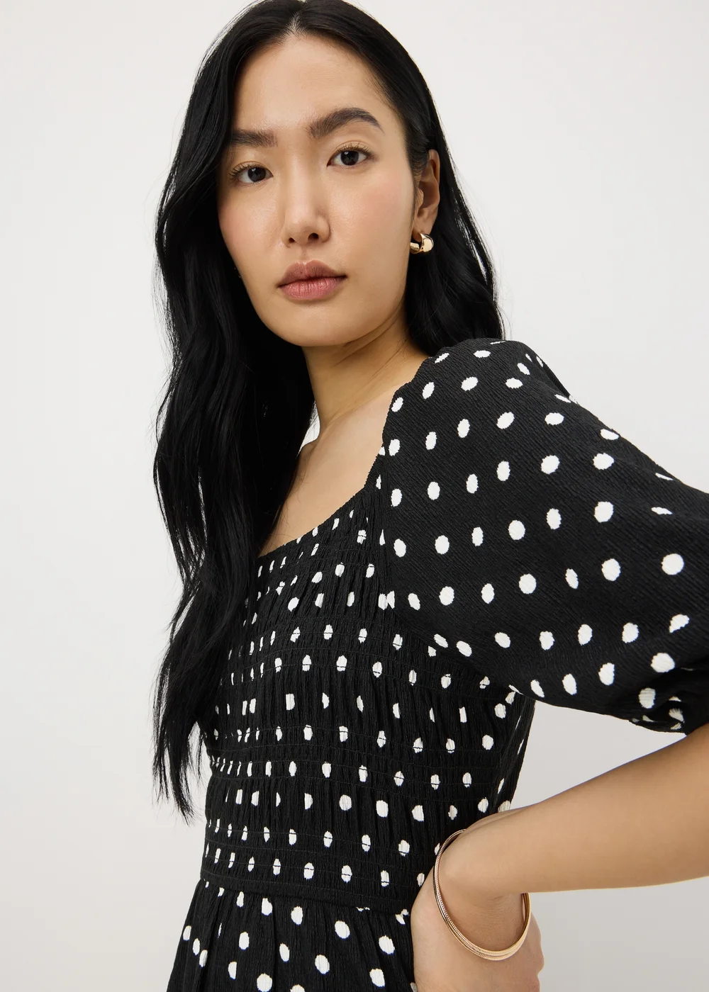 Black Polka Dot Shirred Midi Dress - 28 Image 2