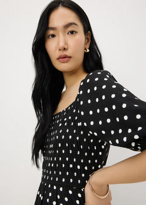 Black Polka Dot Shirred Midi Dress - 28 Image 2