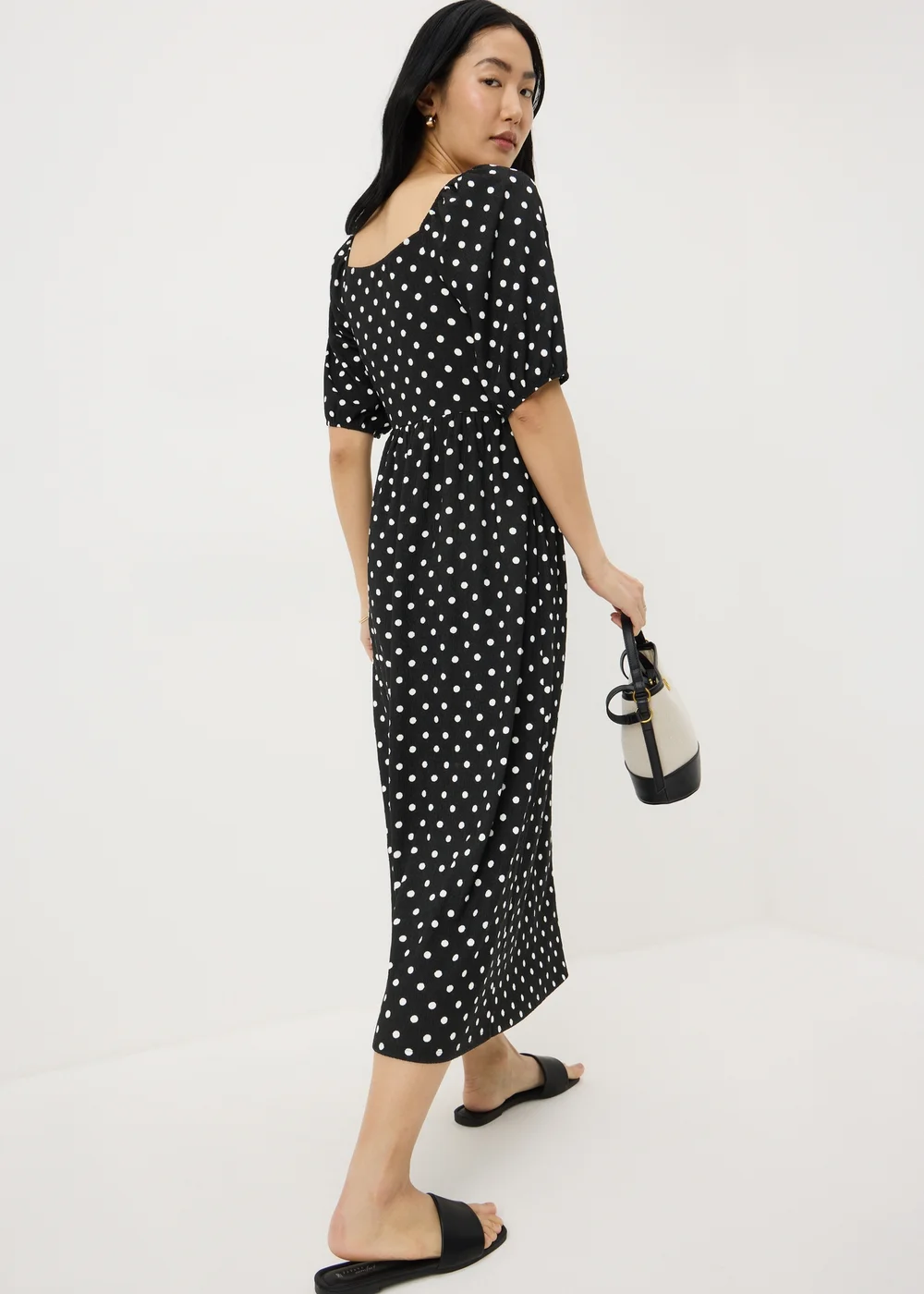 Black Polka Dot Shirred Midi Dress - 28 Image 3