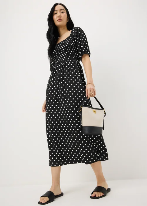 Black Polka Dot Shirred Midi Dress - 28 Image 1