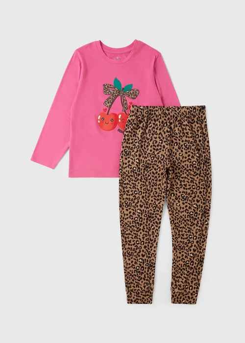 Girls Fuchsia Cherry Leopard Long Pyjama Set (1-7yrs) - 1 half year to 2 Image 1