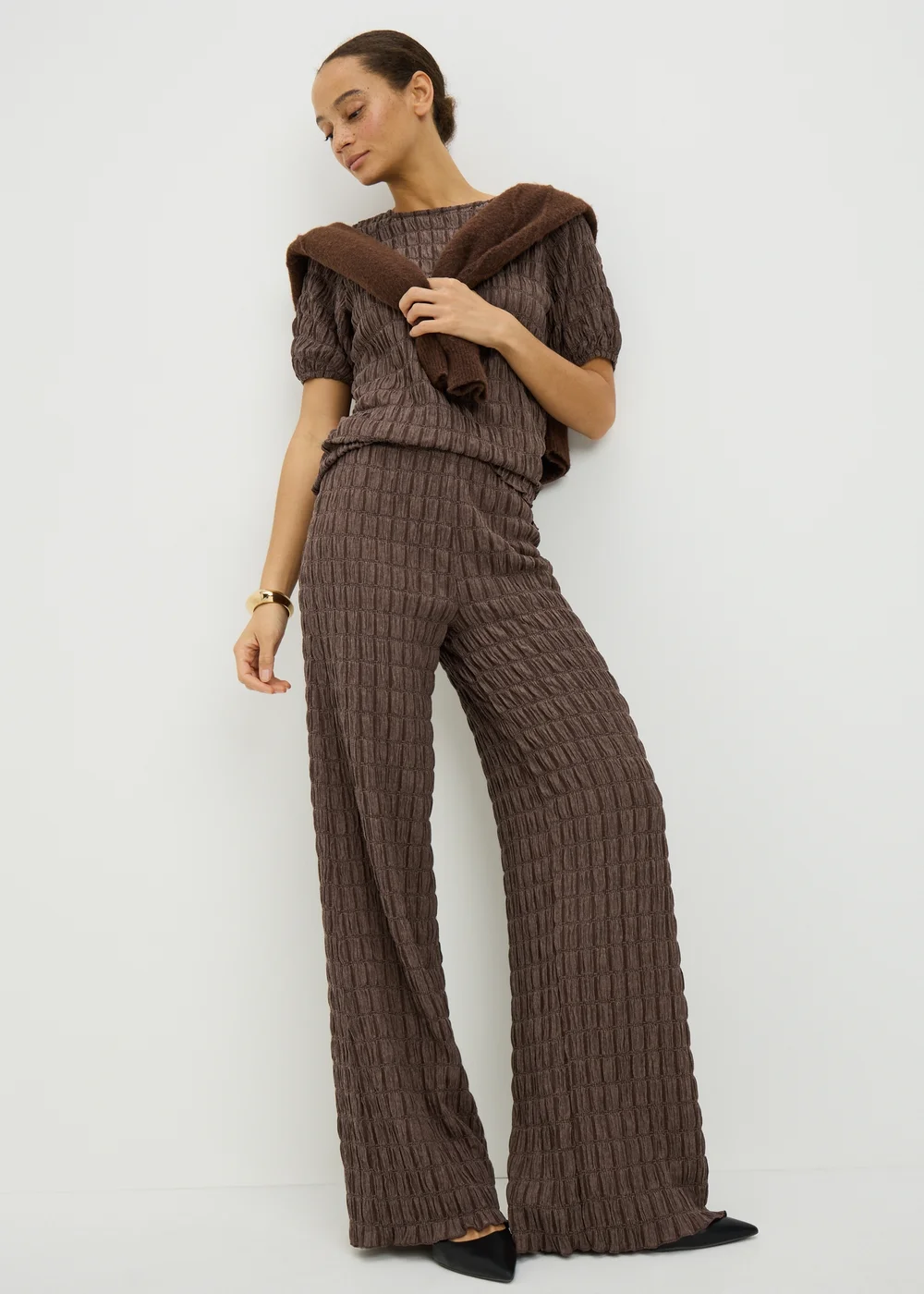 Chocolate Brown Bubble Texture Co Ord Trousers - 22/L31 Image 1