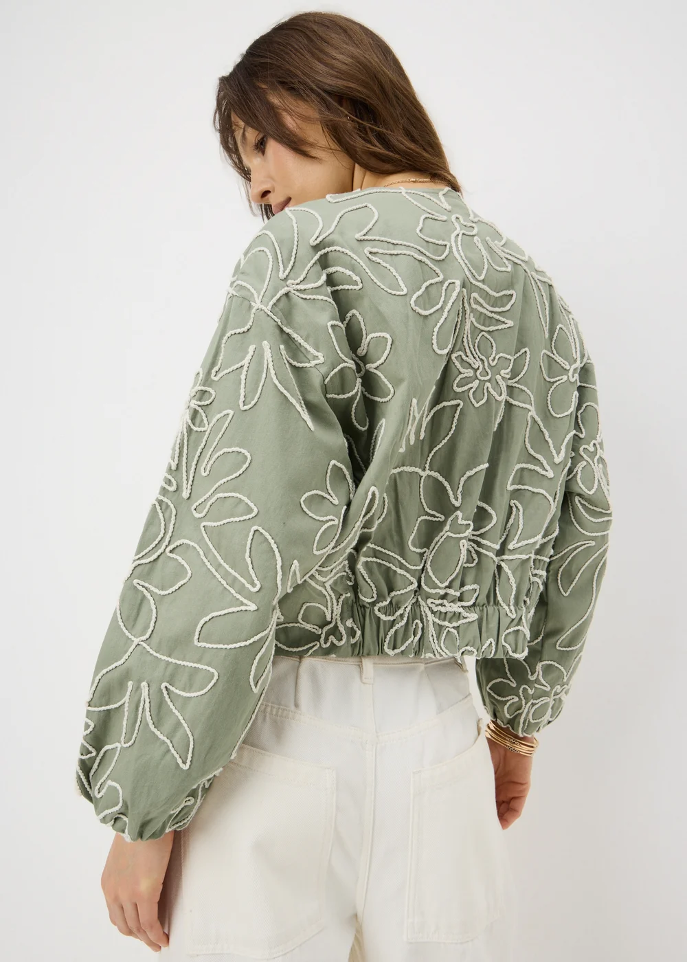 Sage Green Floral Embroidered Bomber Jacket - Size 8 Image 3