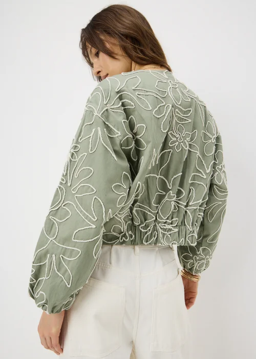 Sage Green Floral Embroidered Bomber Jacket - Size 8 Image 3