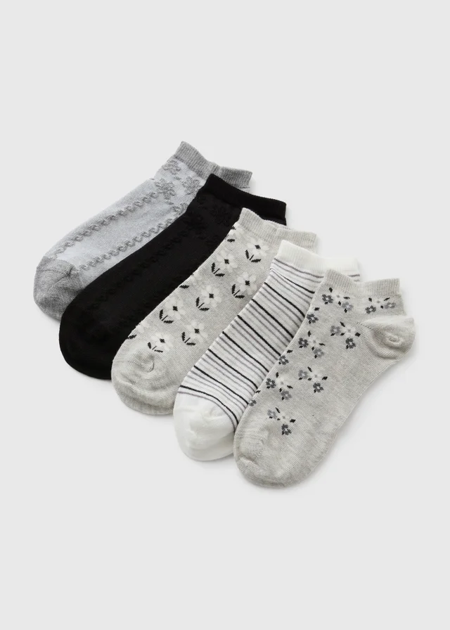 5 Pack Grey Floral Trainer Liner Socks