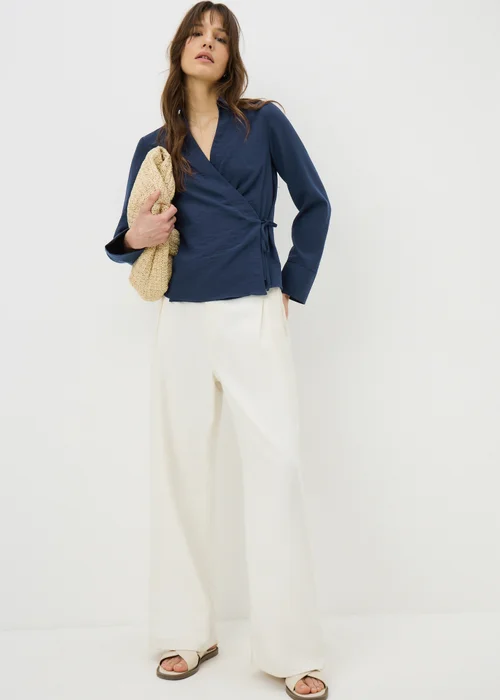 Navy Tie Waist Wrap Front Shirt - 22 Image 3