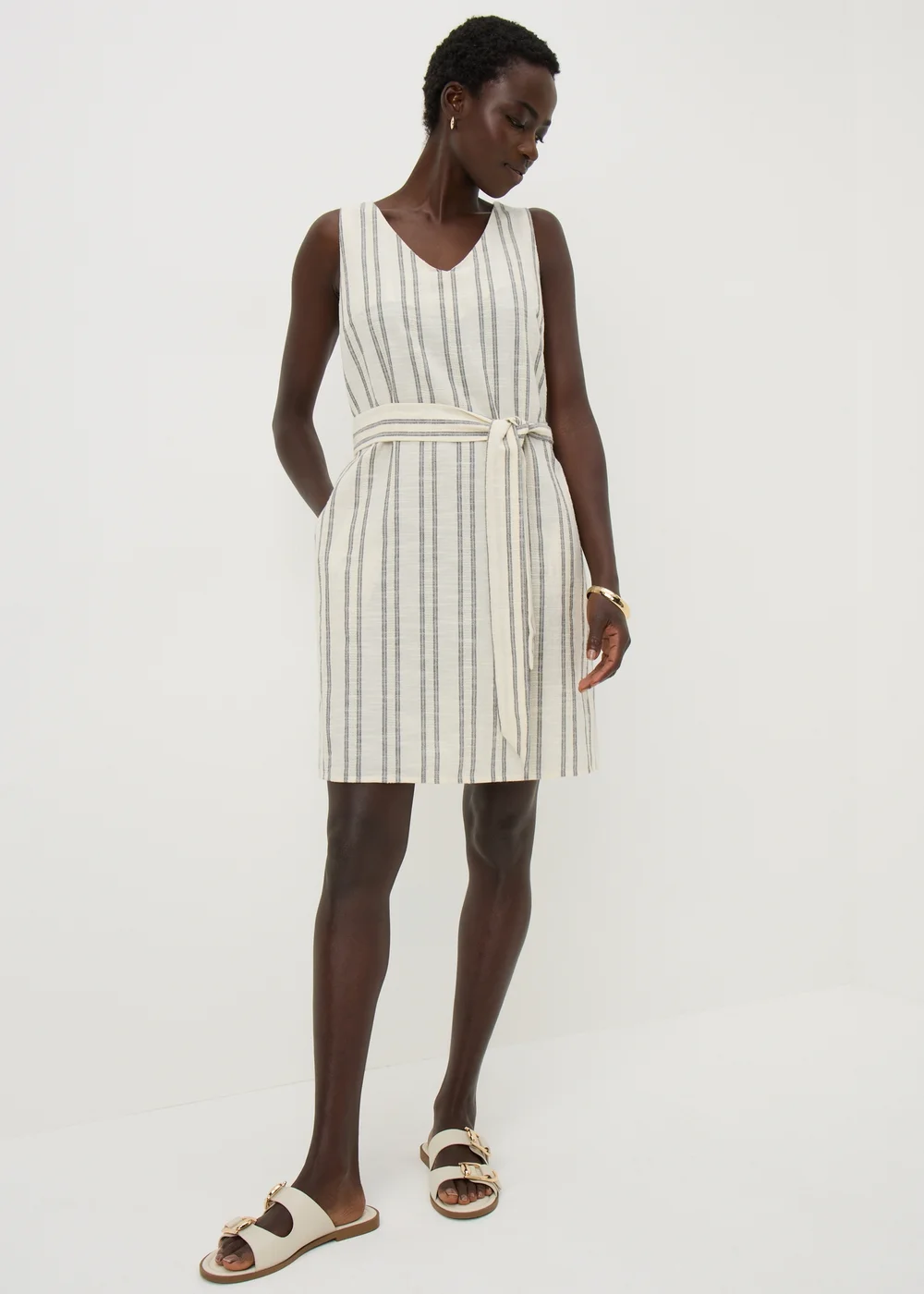 Cream Stripe Woven Belted Mini Dress - 8 | Matalan Cream Stripe Woven Belted Mini Dress - 8 | Matalan
