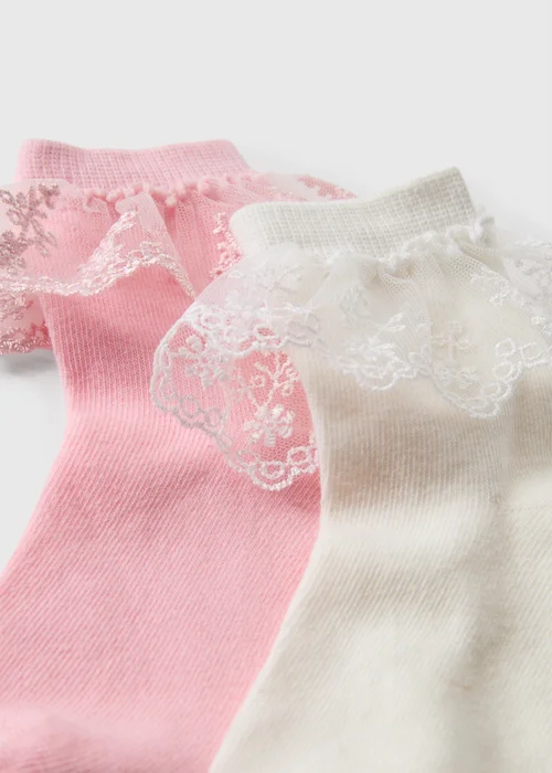 2 Pack Girls Pink & White Frill Lace Socks (Younger 6-Older 6.5) - Sizes 9-12 Image 2