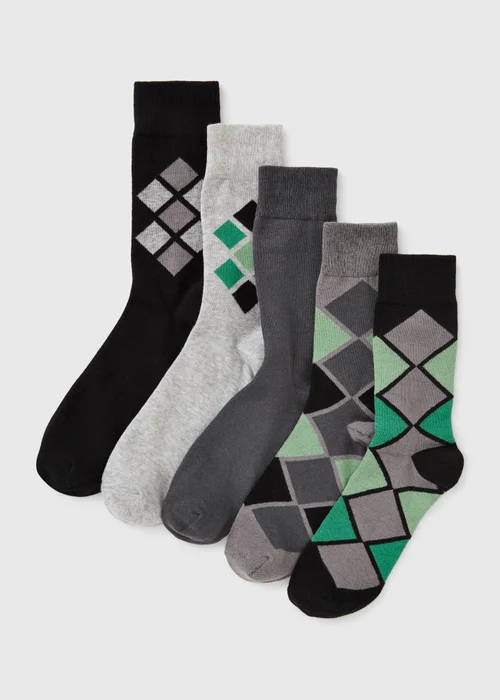 5 Pack Grey Argyle Pattern Ankle Socks - 6-8.5 Image 1