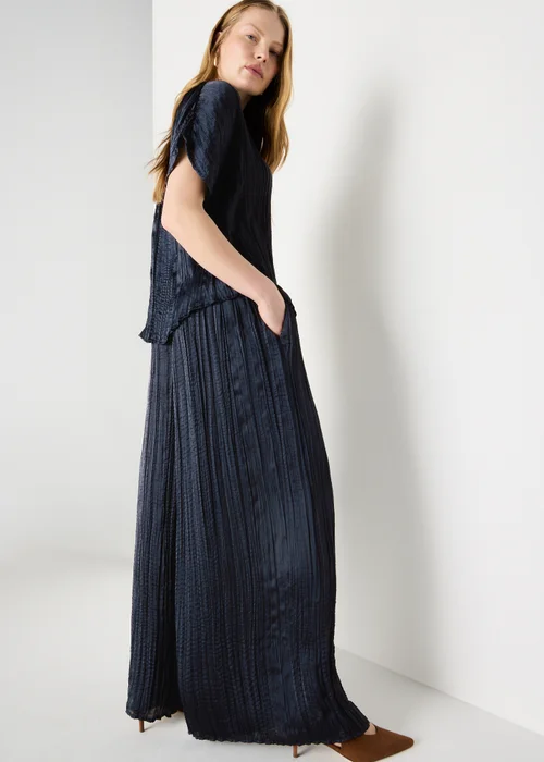 Et Vous Navy Crinkle Satin Co Ord Wide Leg Trousers - S Image 1