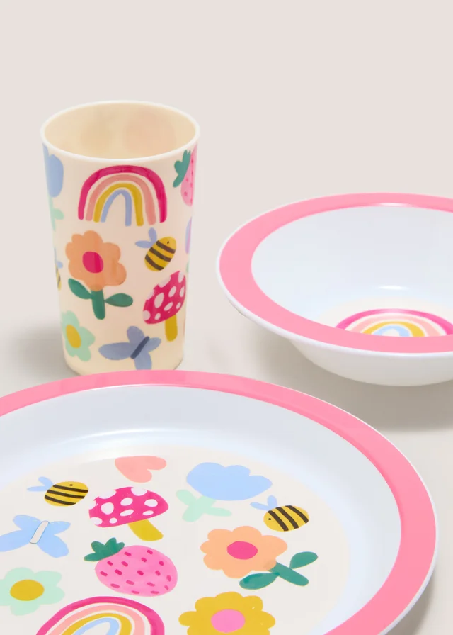 3 Piece Kids Flower Print Dinner Set