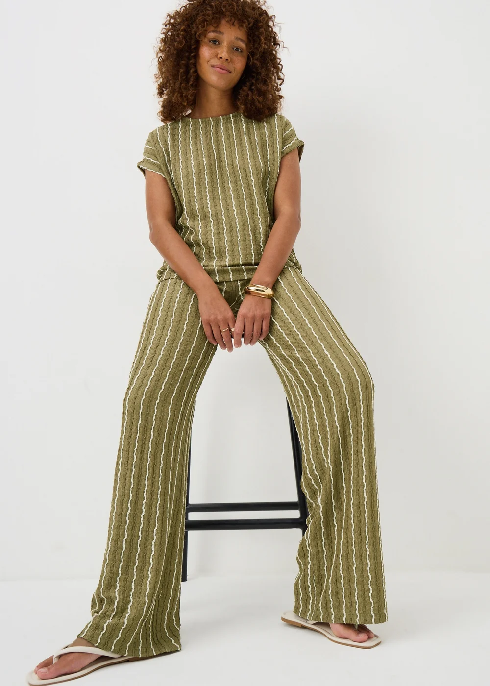 Khaki Stripe Jersey Wide Leg Co Ord Trousers - 20/L29 Image 3