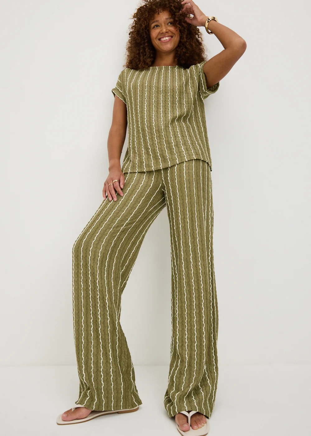 Khaki Stripe Jersey Wide Leg Co Ord Trousers - 20/L29 Image 1