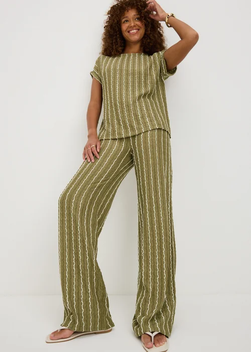 Khaki Stripe Jersey Wide Leg Co Ord Trousers - 20/L29 Image 1