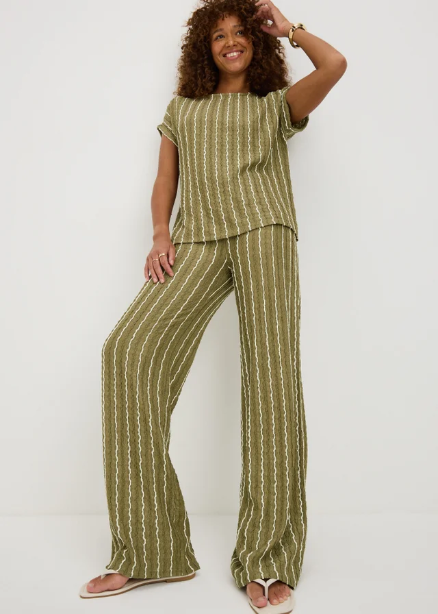 Khaki Stripe Jersey Wide Leg Co Ord Trousers