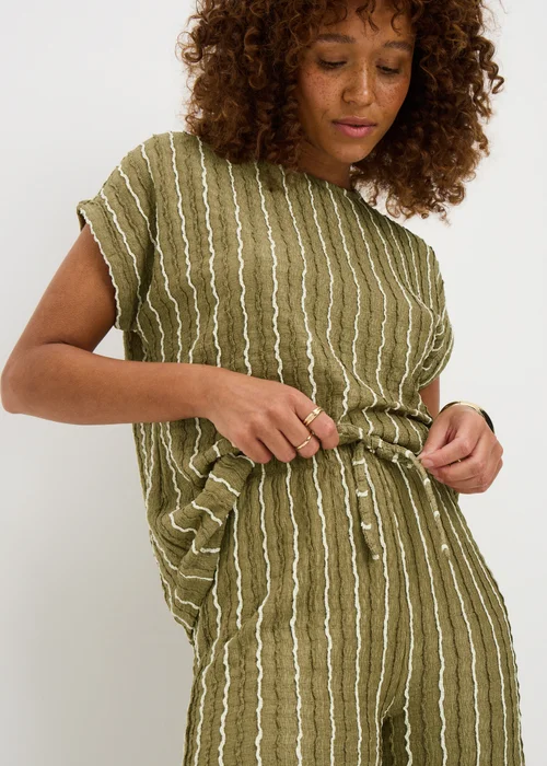 Khaki Stripe Jersey Wide Leg Co Ord Trousers - 20/L29 Image 2