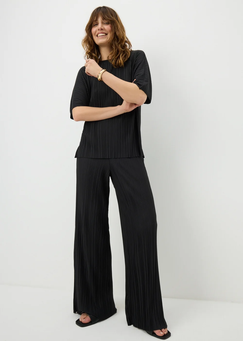 Black Plisse Wide Leg Co Ord Trousers - 10/L31 Image 1