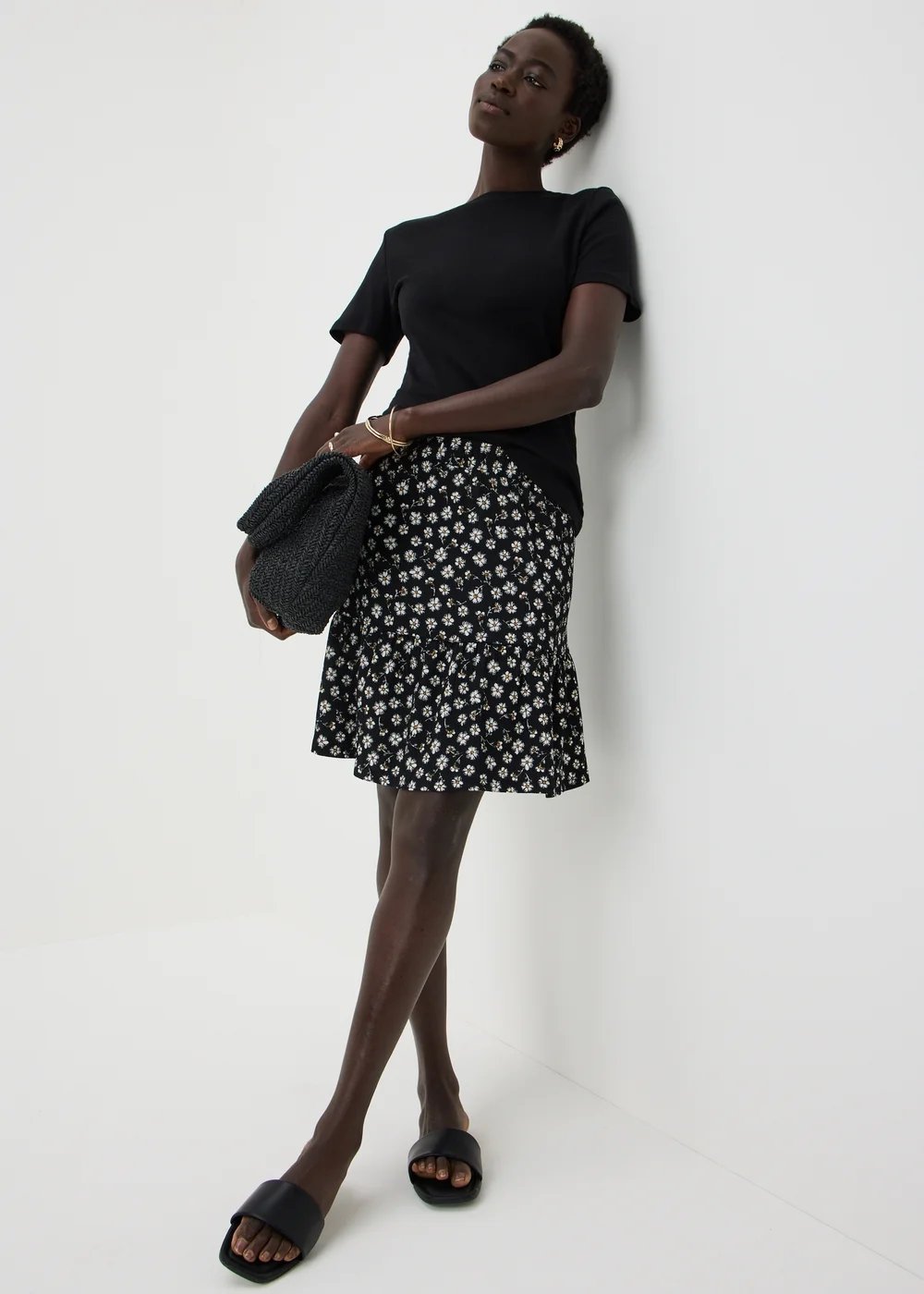 Black Ditsy Floral Textured Jersey Mini Skirt - 8 Image 1