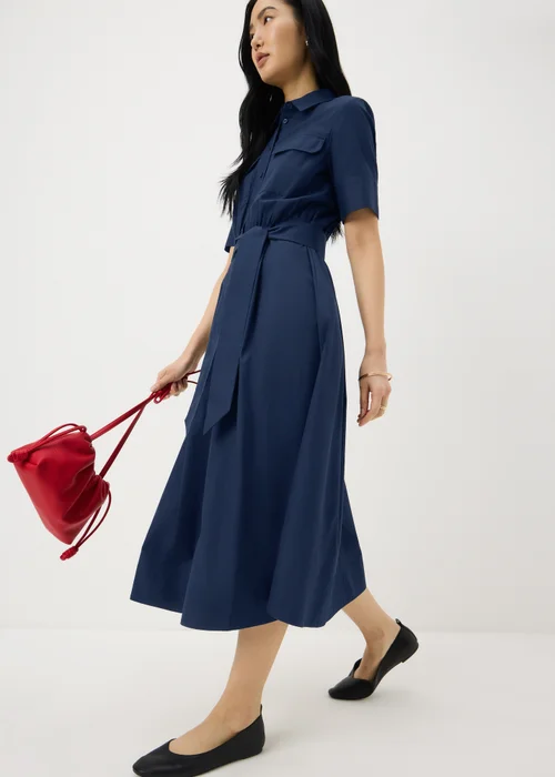 Navy Poplin Belted Midaxi Shirt Dress - 8 Image 1