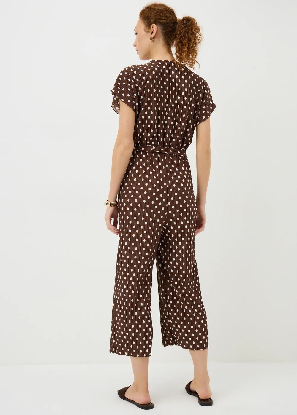 Brown Polka Dot Plisse Belted Jumpsuit - 22 Image 2