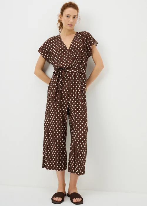 Brown Polka Dot Plisse Belted Jumpsuit - 22 Image 1
