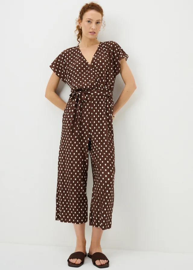 Brown Polka Dot Plisse Belted Jumpsuit