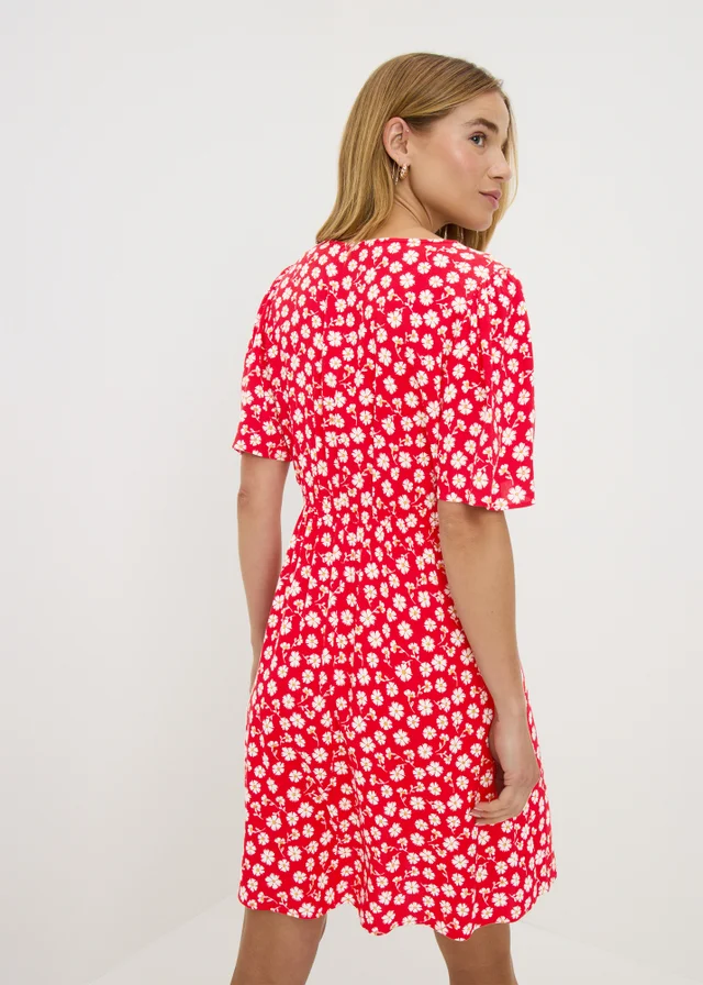 Red Ditsy Floral Print Mini Tea Dress