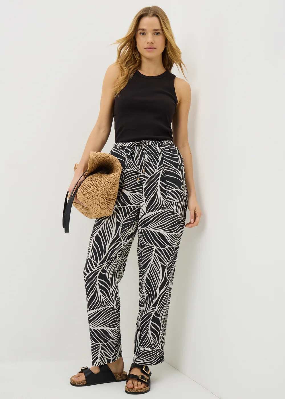 Black Leaf Print Airflow Tapered Co Ord Trousers - 12 Image 3