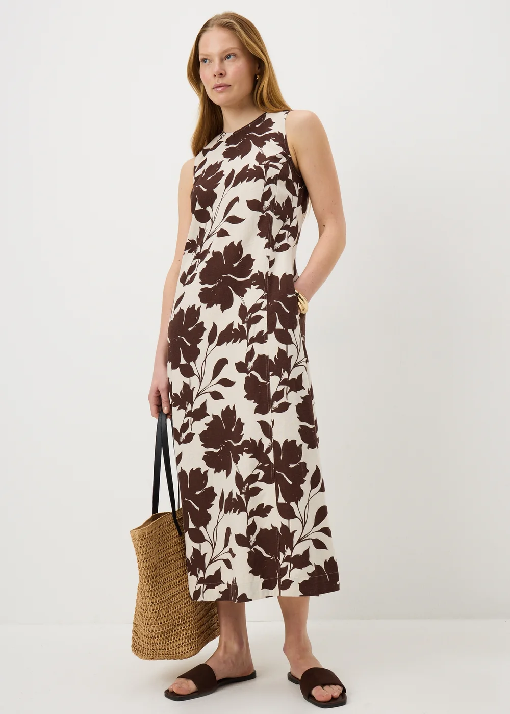 Chocolate Brown Floral Linen Rich Midi Shift Dress - 8 | Matalan Chocolate Brown Floral Linen Rich Midi Shift Dress - 8 | Matalan