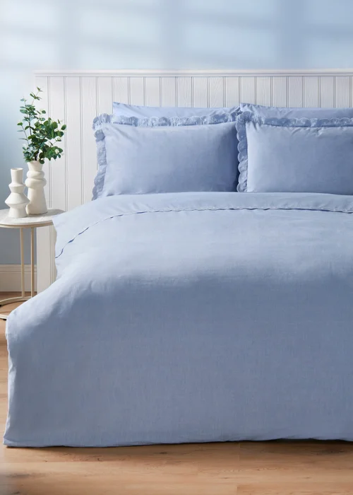 Blue Chambray Embroidered Duvet Set - Double Image 1