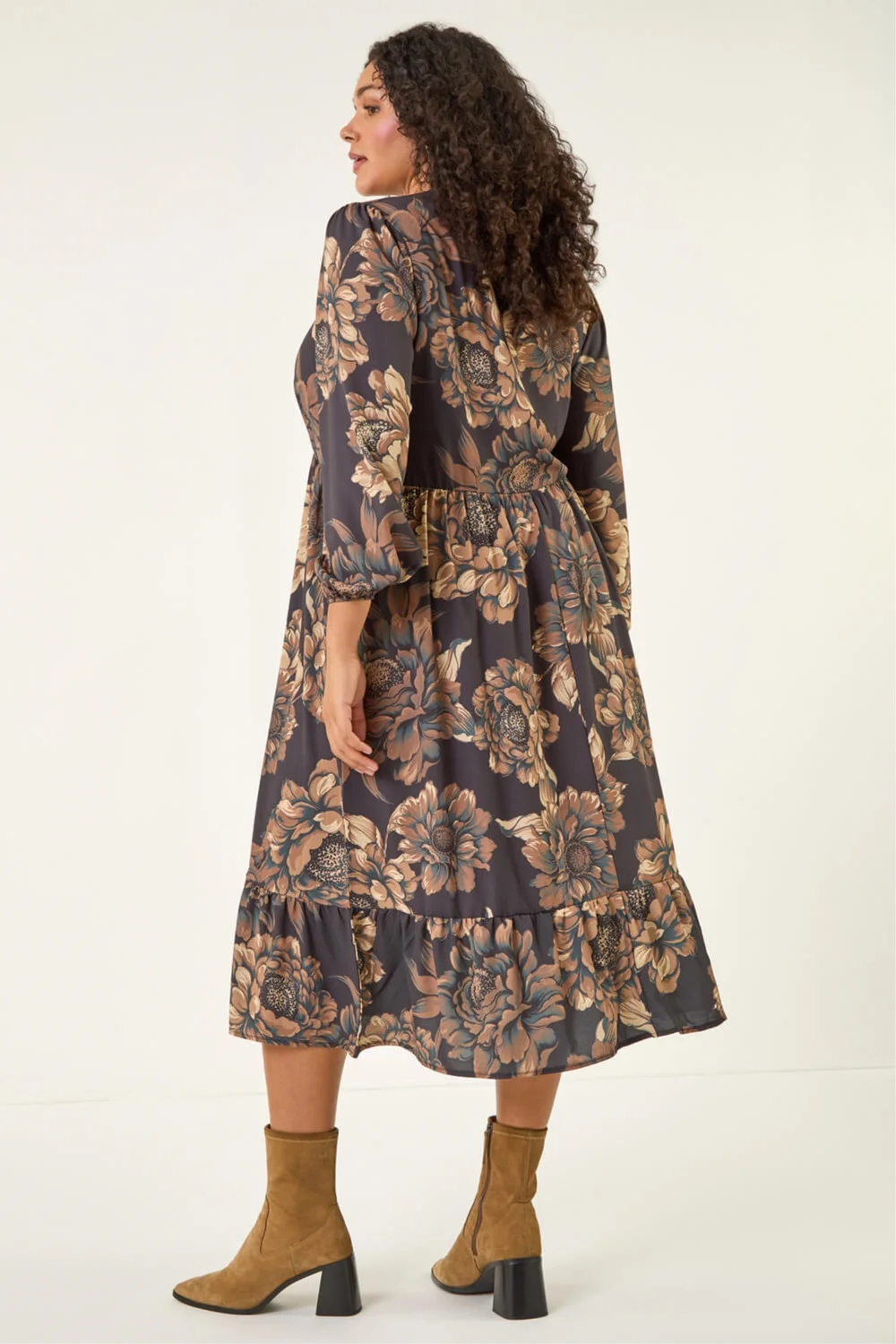 Roman Brown Curve Floral Print Midi Dress - 16 Image 3