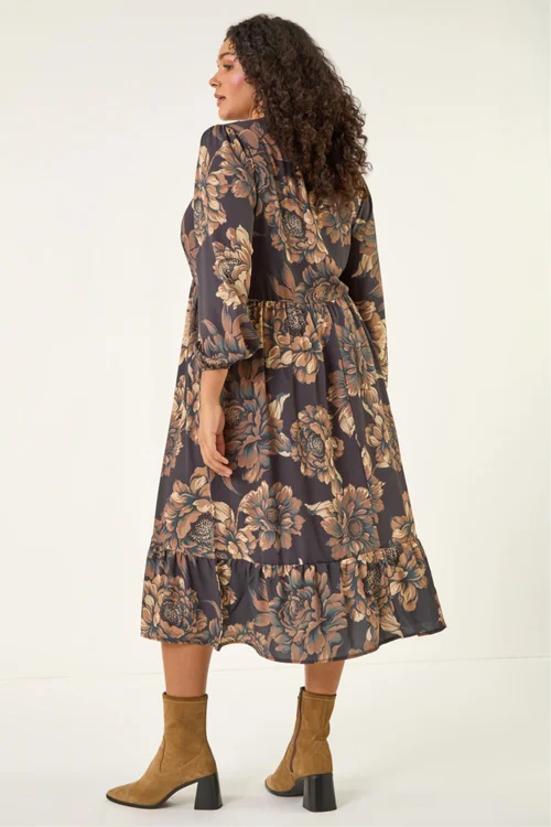 Roman Brown Curve Floral Print Midi Dress - 16 Image 3