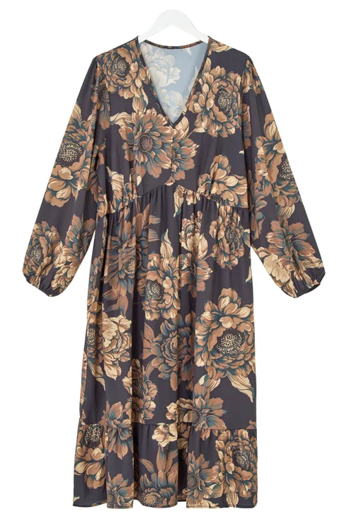 Roman Brown Curve Floral Print Midi Dress - 16 Image 2