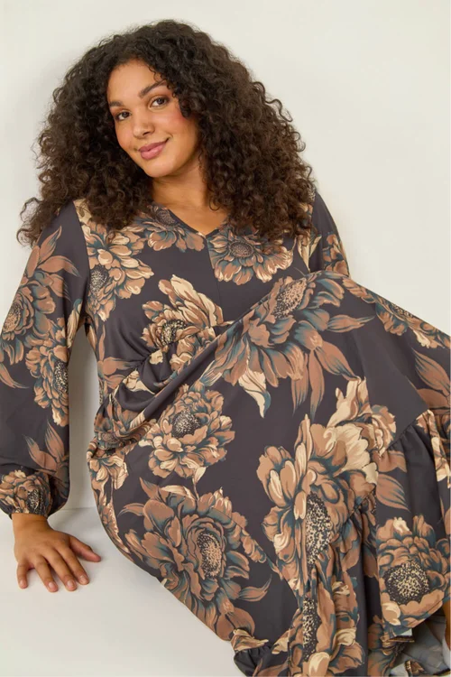 Roman Brown Curve Floral Print Midi Dress - 16 Image 4