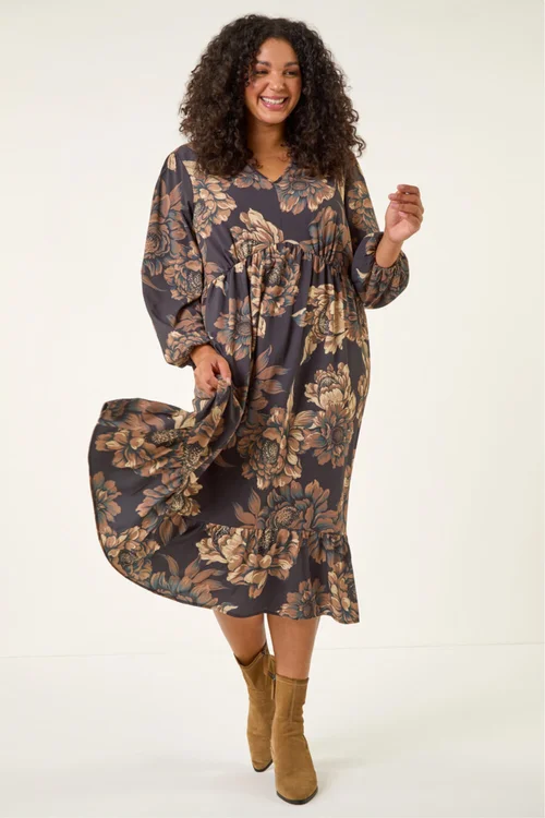 Roman Brown Curve Floral Print Midi Dress - 16 Image 1