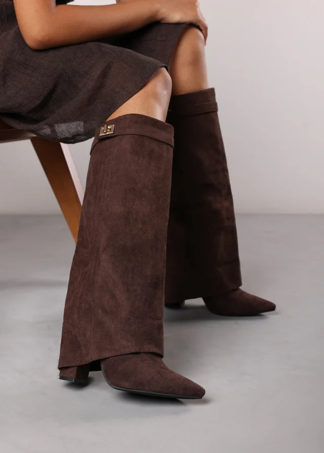 Where's That From Keira Brown Faux Suede Fold Over Shark Heel Boots