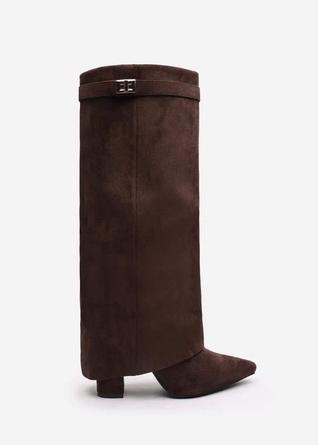 Where's That From Keira Brown Faux Suede Fold Over Shark Heel Boots