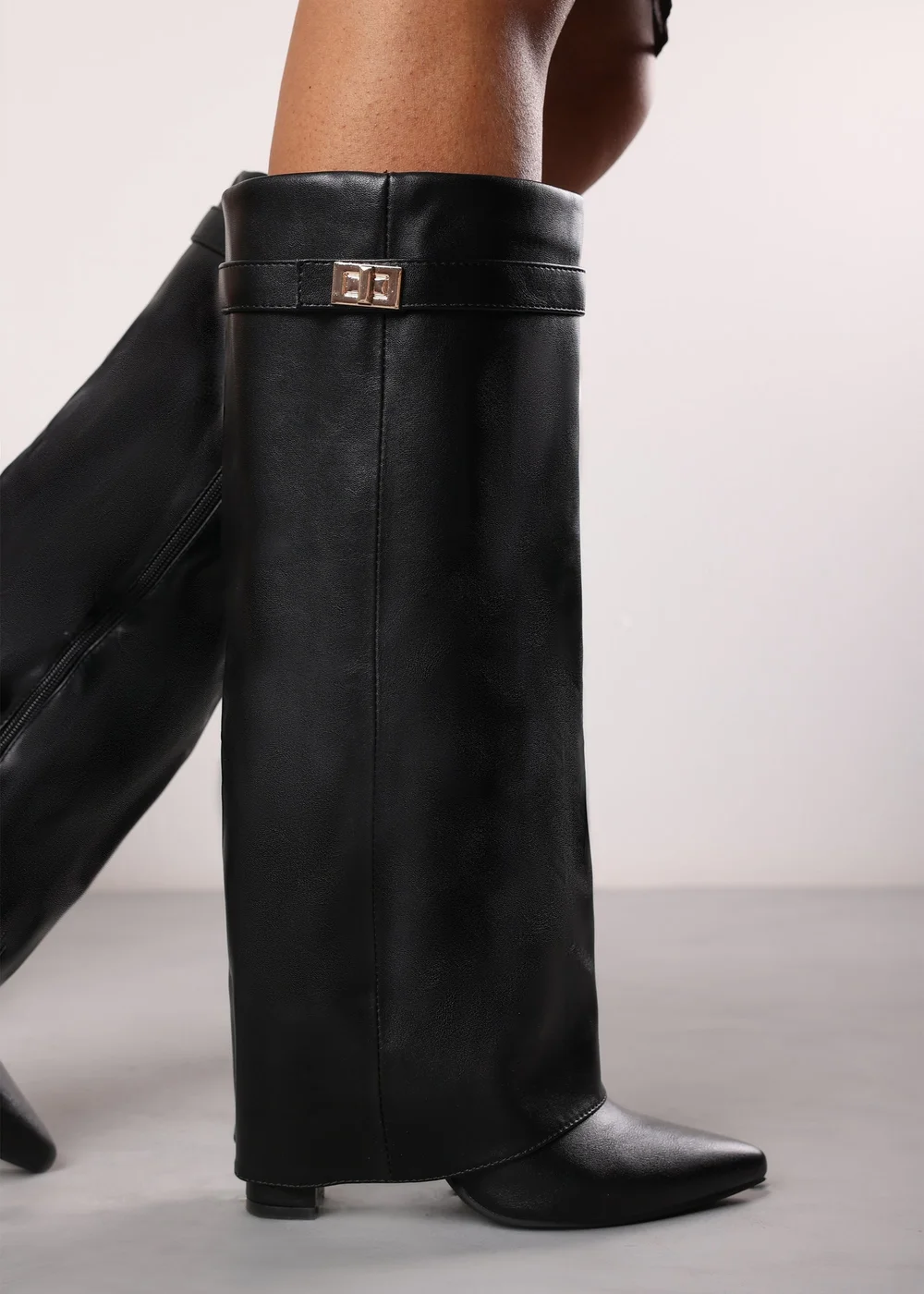 Where's That From Keira Black PU Fold Over Shark Heel Boots - 8 Image 1