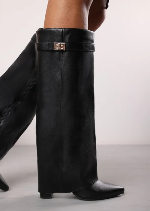 Where's That From Keira Black PU Fold Over Shark Heel Boots - 8 Image 1