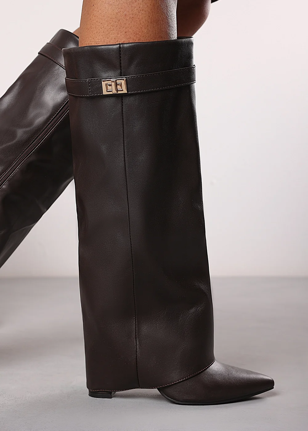 Where's That From Keira Brown PU Fold Over Shark Heel Boots - 4 Image 4