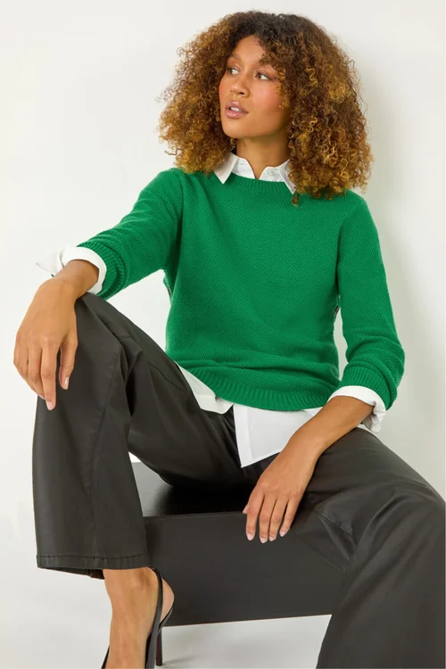 Roman Green Textured Curved Hem Jumper - 14 Image 3