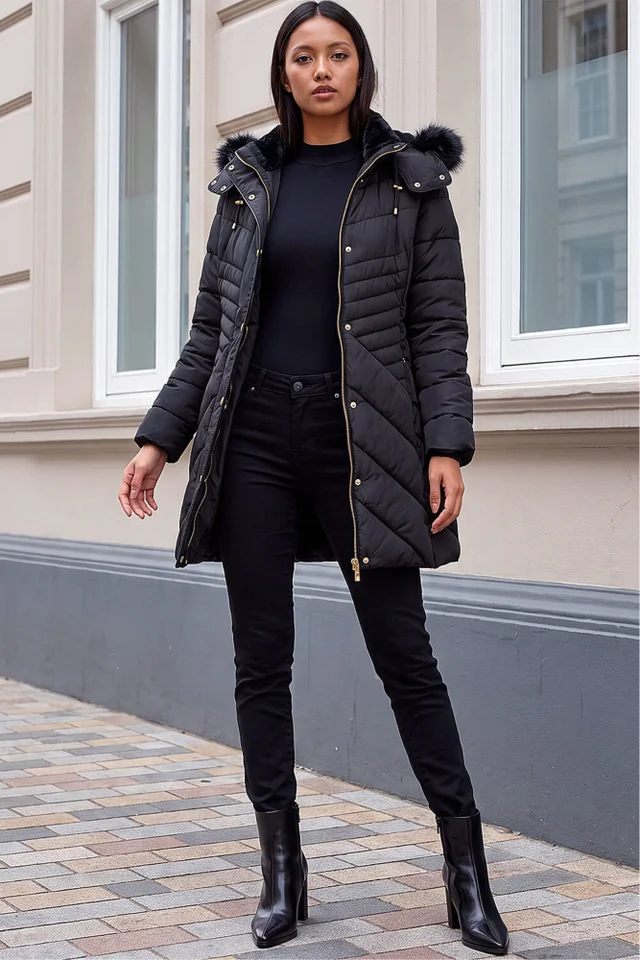 Roman Black Petite Hooded Longline Quilted Coat