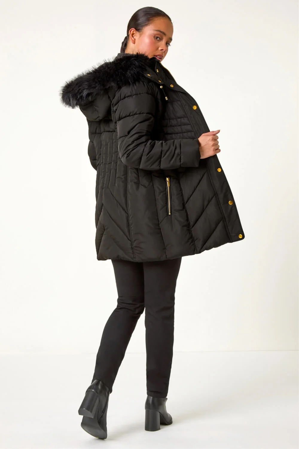 Roman Black Petite Hooded Longline Quilted Coat - 12 Image 3