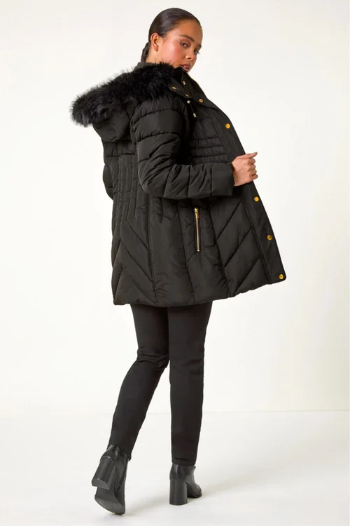 Roman Black Petite Hooded Longline Quilted Coat - 12 Image 3