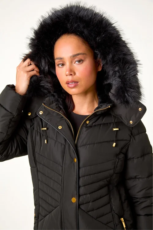 Roman Black Petite Hooded Longline Quilted Coat - 12 Image 1